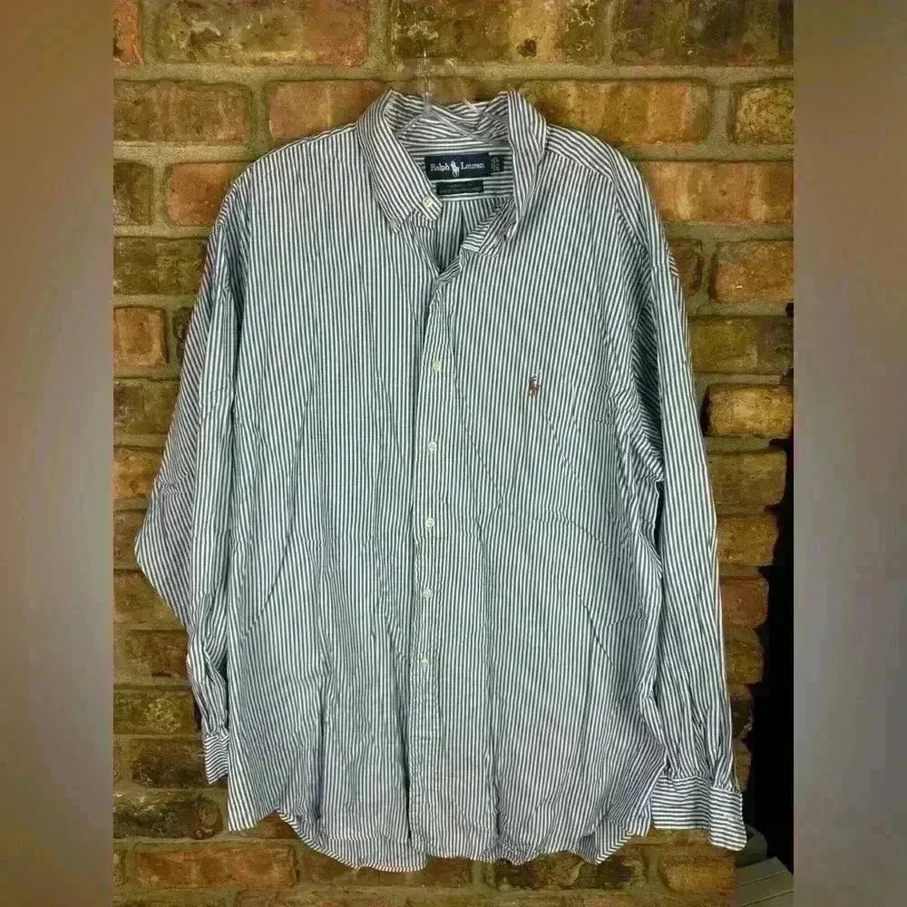 Ralph Lauren Mens 17.5 Yarmouth Fit Striped Button Down Oxford Dress Shirt Blue